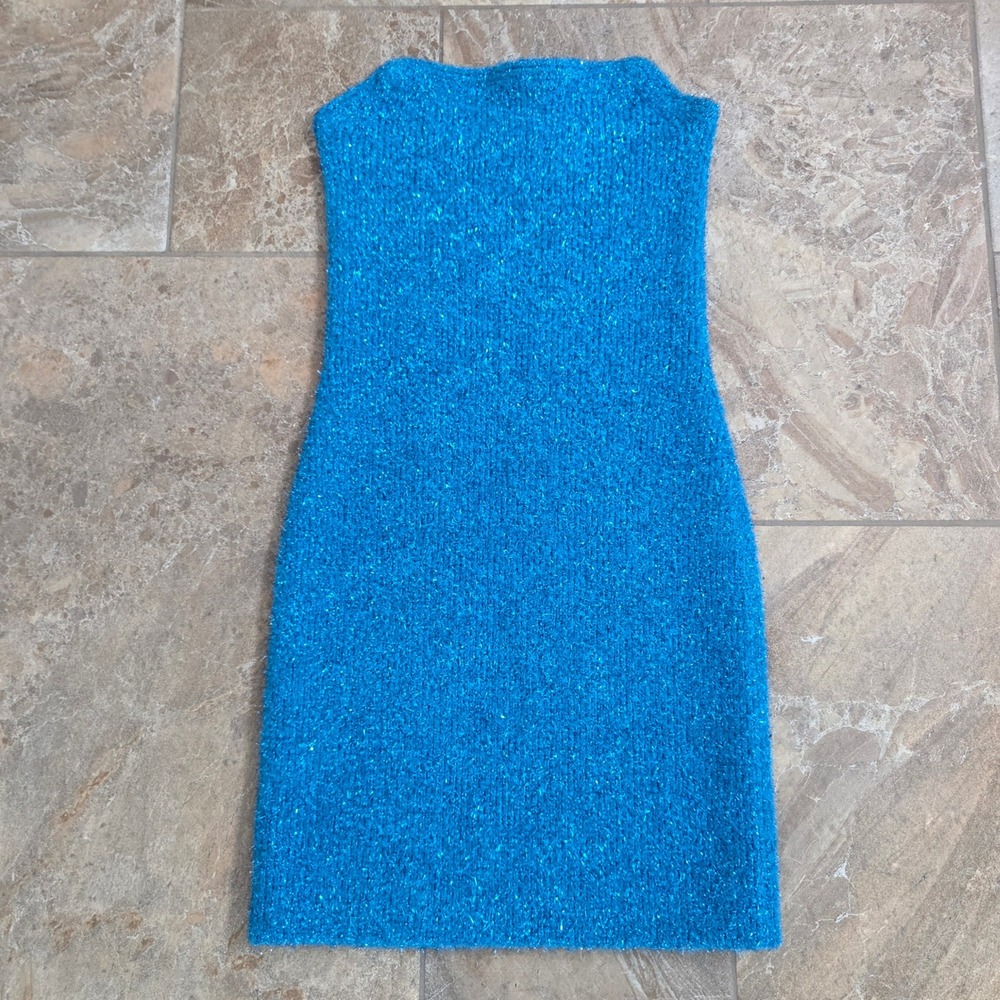 Alix NYC Blue Metallic Wool Blend Strapless Mini Dress XS Party Sparkle Bodycon